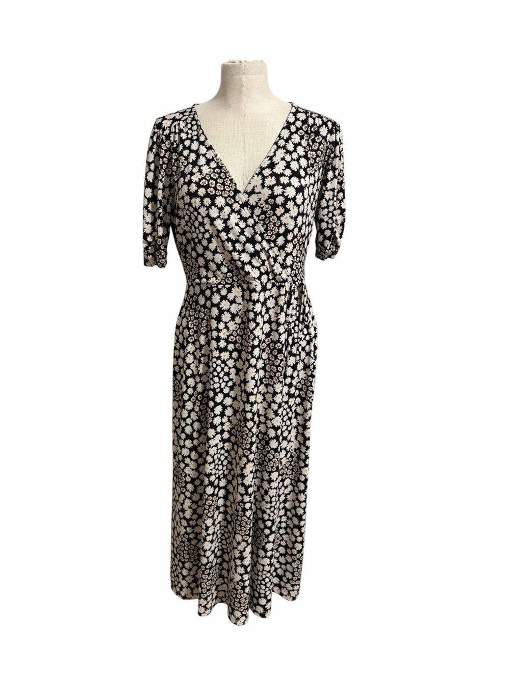 Lush Black White Ditsy Floral Faux Wrap Maxi Dress Stretch Cottagecore Size L‎